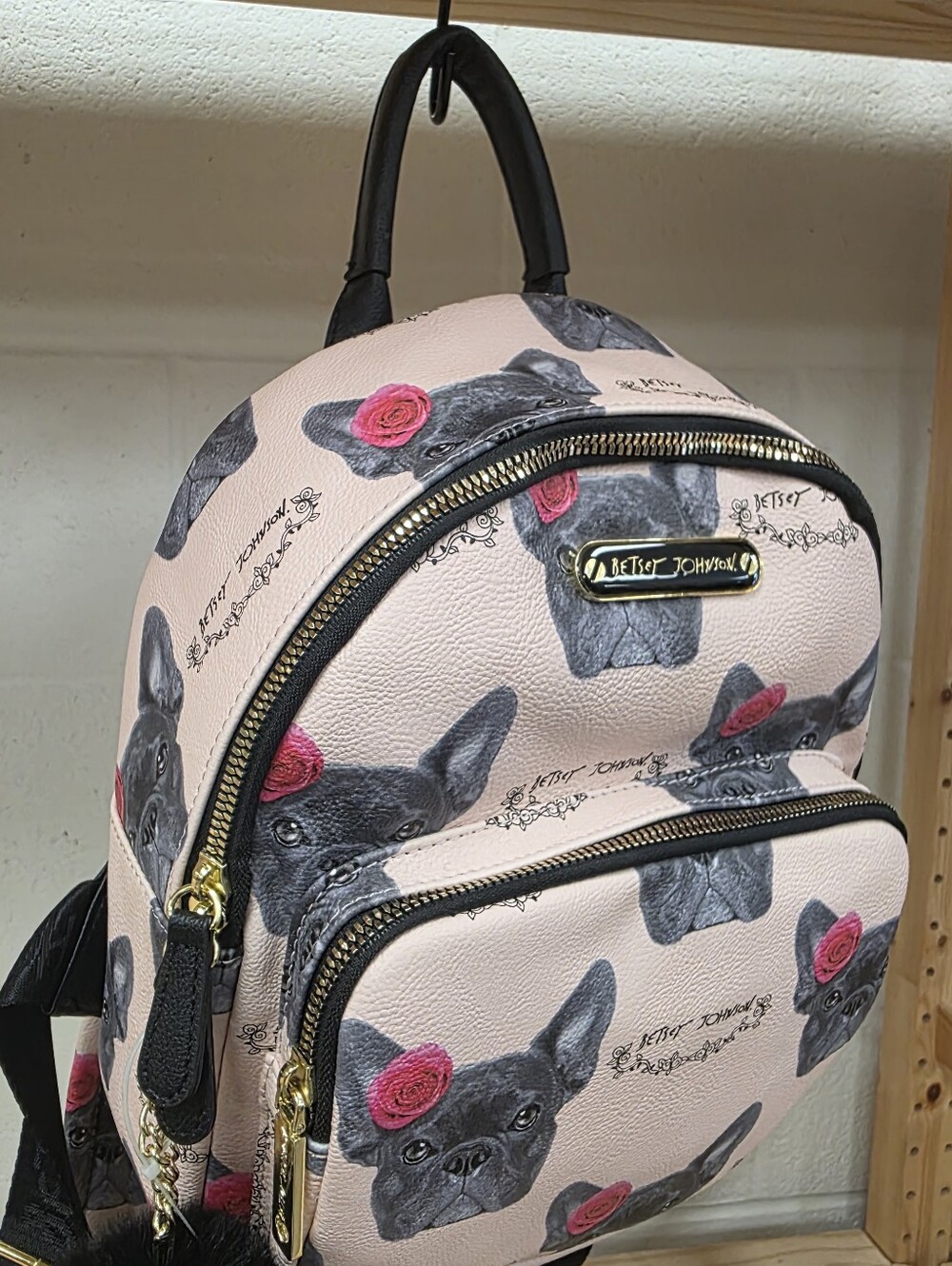 Betsey Johnson Pink French Bulldog Pattern Mini Backpack with Black Pom - Picture 4 of 10